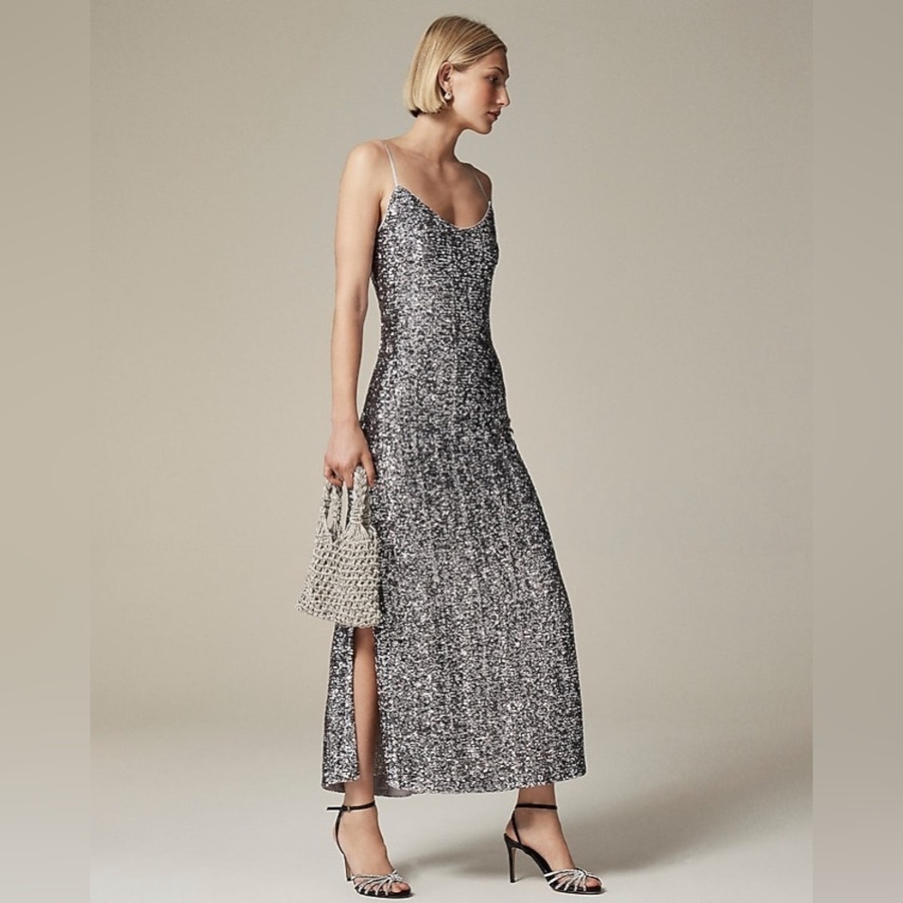 NWT J CREW SEQUIN FLOOR LENGTH SLIP DRESS SILVER SZ 0 makeup inside